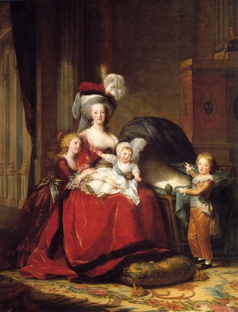  The portrait  of Marie Antoinette and her three surviving children: Marie Thérèse, Louis Charles (on her lap), and Louis Joseph holding up the drape of an empty bassinet signifying the recent death of Marie's fourth child, Louise Élisabeth  Vigée-Lebrun (1787).   