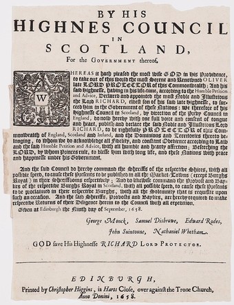  Proclamation announcing the death of Oliver Cromwell and the succession of Richard Cromwell as Lord Protector. Printed in Scotland, 1658. Courtesy of the General Collection, Beinecke Rare Book and Manuscript Library, Yale University, New Haven, Connecticut.  