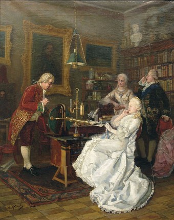  Catherine II of Russia visits Mikhail Lomonosov in 1764. 1884 painting by Ivan Feodorov.  