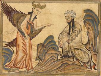 A depiction of Muhammad receiving his first revelation from the angel Gabriel