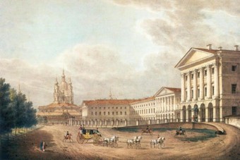  The Smolny Institute, the first Russian institute for "Noble Maidens" and the first European state higher education institution for women, painting by S.F. Galaktionov, 1823.