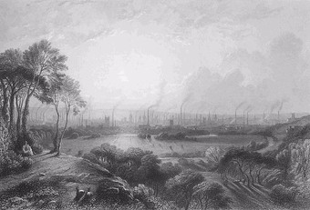  Manchester known as Cottonopolis, pictured in 1840, showing the mass of factory chimneys,  Engraving by Edward Goodall (1795-1870), original title Manchester, from Kersal Moor after a painting of W. Wylde.  